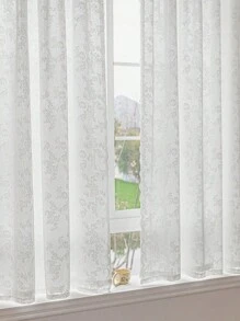 1pc White Lace Trim Cafe Curtain Valance, Bohemian Style Floral Print Semi-Sheer Curtain, Decorative Window Treatment For Bedroom, Living Room, Home Decor, All Season