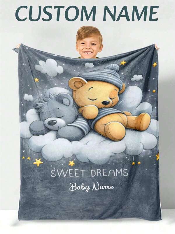 1 Personalized Custom Flannel Blanket For Children Featuring A Cartoon Teddy Bear Design, Tailored To The Child's Name. It Is Soft And Warm, Perfect For Commemorating Precious Moments, Multi-Functional, Ornamental, Letter, Stylish, Soft, Modern, Colorful, Kawaii, Adorable, Cute, Casual, Custom, Personalized, Unique, Customized, Baby Gifts, Ideal Gifts For Him, Ideal Gifts For Her, Son, Daughter