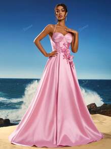 Toosun Women Elegant Solid Color 3D Floral Decor Backless Halter Formal Evening Gown, Party Dress, Wedding Guest Dress, Evening Dress