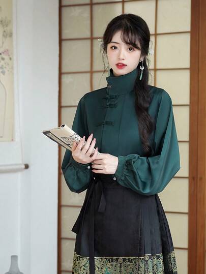 Spring Elegant Chinese Style Green Satin Stand Collar Two Way Wear Blouse For Chinese New Year, Daily, Street, Commuting, Home And Other Occasions To Wear Hanfu Tops