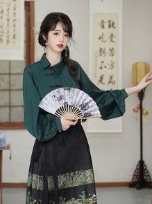 Spring Elegant Chinese Style Green Satin Stand Collar Two Way Wear Blouse For Chinese New Year, Daily, Street, Commuting, Home And Other Occasions To Wear Hanfu Tops
