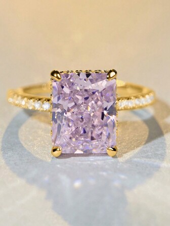 1 件 4 克拉高光泽冰柱切割方形金粉色高碳戒指，S925 纯银华丽、优雅、浪漫的女士戒指，精致独特的设计，适合舞会、结婚纪念日和其他场合，精致的女士珠宝礼物