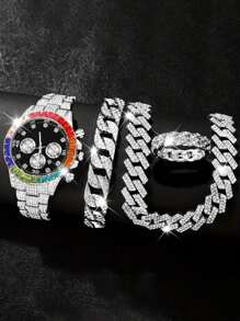 4-Piece Luxury Rhinestone Quartz Watch Set - Elegant Gold Tone With Colored Gemstone Bezel And Calendar Function - Comes With A Sparkling Ice Crystal Chain, The Perfect Gift For Him - Silver - View 1