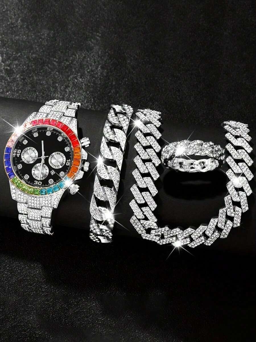4-Piece Luxury Rhinestone Quartz Watch Set - Elegant Gold Tone With Colored Gemstone Bezel And Calendar Function - Comes With A Sparkling Ice Crystal Chain, The Perfect Gift For Him - Silver - View 1