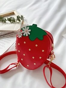 Spring & Summer New Cute Red Strawberry Crossbody Bag, PU Material Zipper Closure Crossbody Bag Coin Purse, Fashion Fruit Shaped Daisy Flower Decor