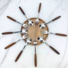 4/6/10-delige roestvrijstalen bestekset met houten handvat, soeplepel en vorkset, 2/10-persoons bestek, zilveren spiegelgepolijste en matte serviesset, geschikt voor restaurants en thuisgebruik, schoolbenodigdheden