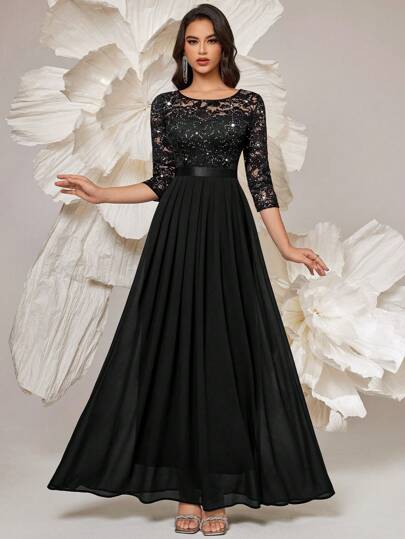 MIUSOL Elegant Sequin Floral Lace 3/4 Sleeve Ruffle Chiffon Formal Party Maxi Dress