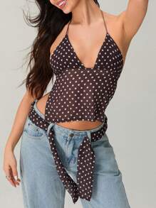 Womens Halter Neck Tops Sleeveless Tie Backless Dots Print Slim Fit Cami Tops Summer Shirts - Màu nâu - Xem 5