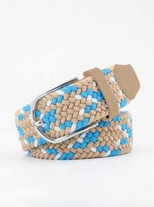 1pc Ivory Blue Woven Elastic Casual Belt For Men With Alloy Buckle, Stretchable Canvas Fashion Belt For Women No-Drill