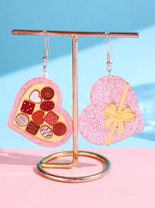 1对简约休闲心形耳环，女士节日/日常佩戴饰品，情人节心形巧克力礼盒，蝴蝶结装饰 - 彩色 - 查看 3