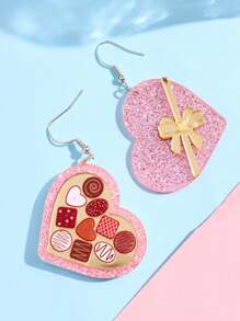 1对简约休闲心形耳环，女士节日/日常佩戴饰品，情人节心形巧克力礼盒，蝴蝶结装饰 - 彩色 - 查看 1