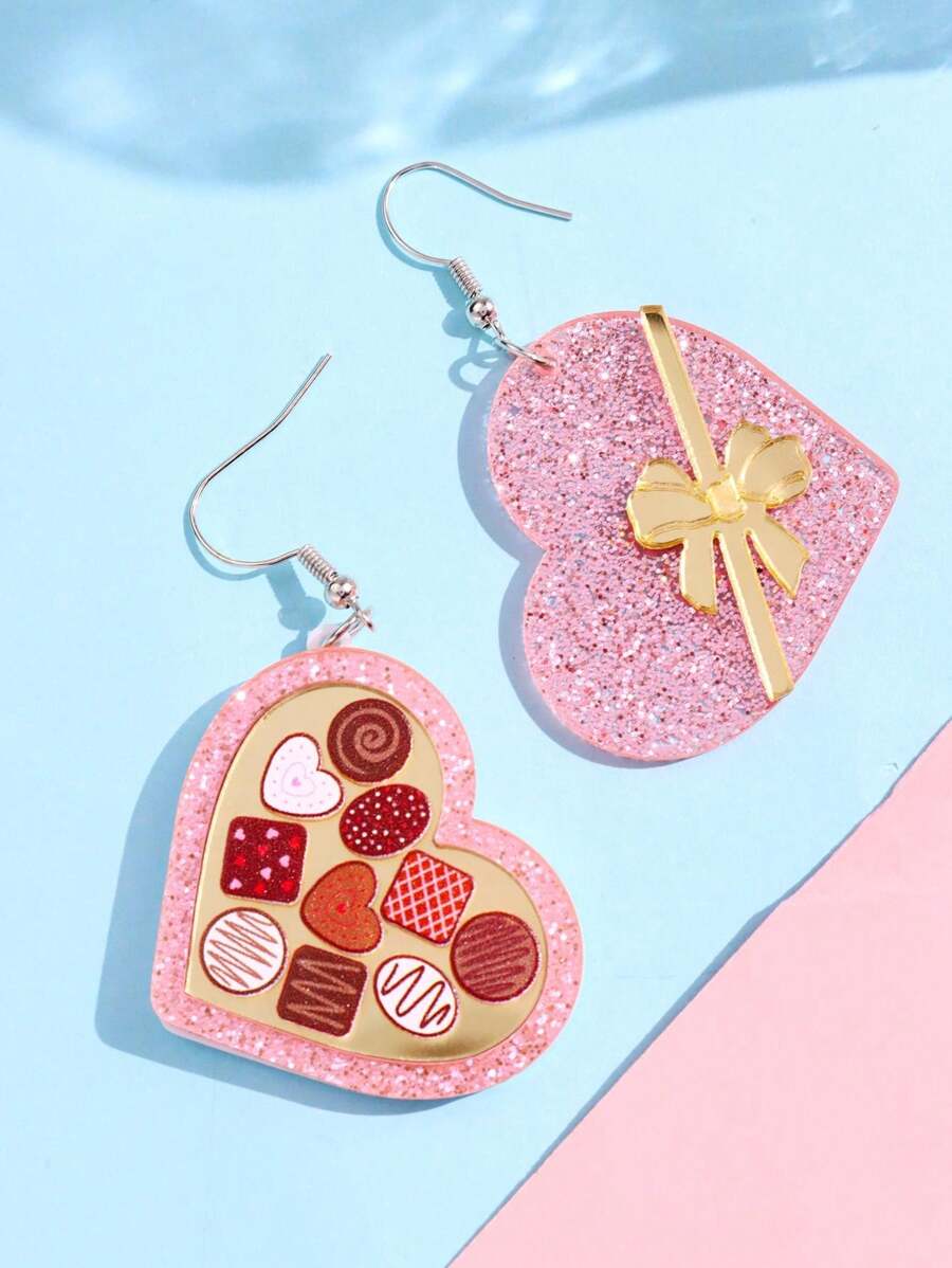 1对简约休闲心形耳环，女士节日/日常佩戴饰品，情人节心形巧克力礼盒，蝴蝶结装饰 - 彩色 - 查看 1