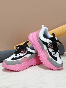 Zapatillas de mujer inspiradas en la dopamina en negro y rosa, estilo callejero dulce de plataforma de EU/EE.UU., estilo chunky de puntera baja, con absorción de impactos, adecuadas para uso diario, vacaciones y todas las estaciones