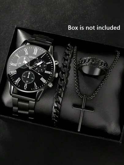 4 件男士时尚石英表套装，配不锈钢表带、锌合金表壳、不防水、模拟显示 - 适合休闲、运动、商务穿着 - 父亲节、情人节、生日、新年、手表配件、三眼设计、时尚配饰的完美礼物