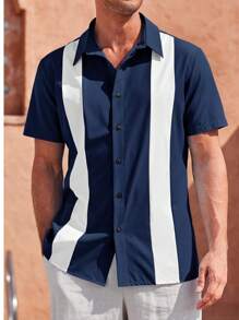 Runcati Men's Vintage Bowling Shirt Short Sleeve Guayabera Button Down Beach Shirt - Màu xanh hải quân - Xem 1