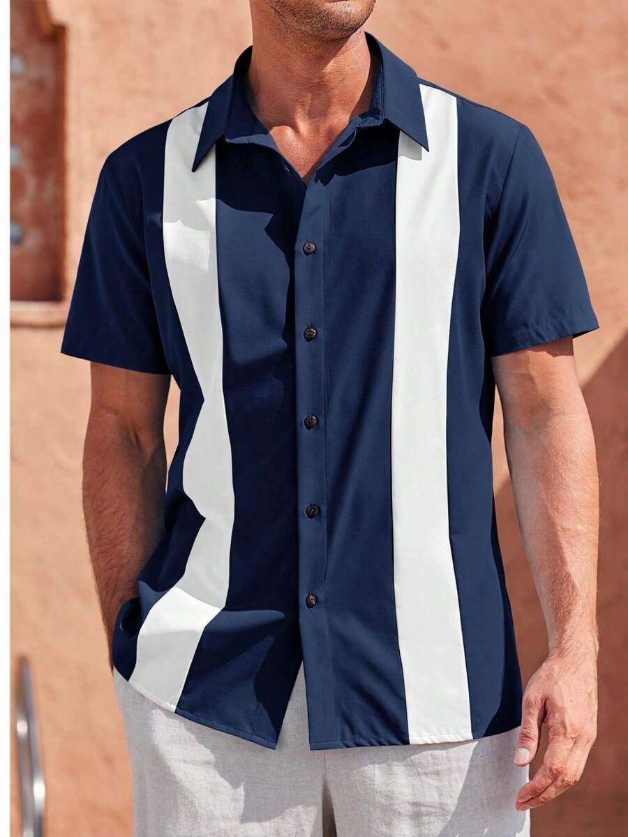 Runcati Men's Vintage Bowling Shirt Short Sleeve Guayabera Button Down Beach Shirt - Màu xanh hải quân - Xem 1