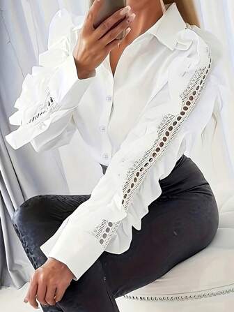 Women's Ruffle Lace Splice Turndown Collar Button Elegant Design Elegant Long Sleeve Blouse