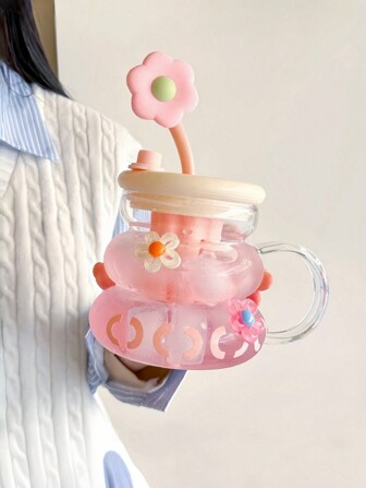 1 pieza Vaso de vidrio con forma de calabaza con flor 3D de gran capacidad con cepillo, vaso de agua de gran capacidad con flor linda, vaso para leche, bebida y jugo con diseño floral, adecuado para restaurante, sala de estar, portátil