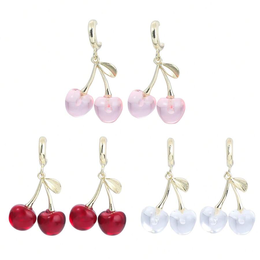 1 件时尚透明樱桃设计吊坠耳环，女士水钻心形耳环，情人节礼物，妈妈，母亲，母亲节，礼物