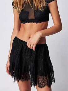 Women Y2k Lace Mini Skirts Summer Lace Slip Skirt Pleated Ruffle Floral Lace Tiered Short Skirts Underskirt - 黑色 - 查看 1