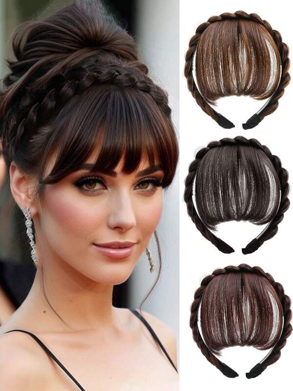 Synthetische Haarband Pony Verlängerung Falsche Haare Pony mit langen Seiten für Frauen, natürliche falsche schwarze, braune, blonde Pony