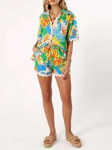 Womens Casual 2 Piece Outfits Short Sleeve Leaf Print Shirt + Drawstring Shorts Set Beachwear