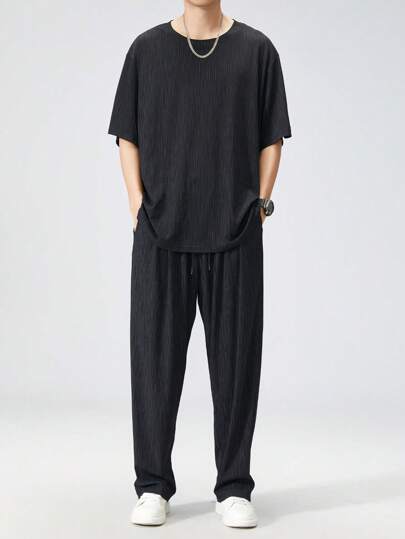 Men Plus Size Ice Silk Short Sleeve Pajama Set, Round Neck Ice Silk Top And Straight Leg Casual Long Pants, Cozy Outfits