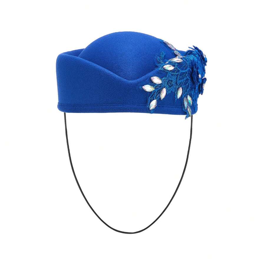 Women Vintage Church Hats Diamond Flower Applique Felt Pillbox Hats Fascinator Tea Party Hats - Blue - View 1