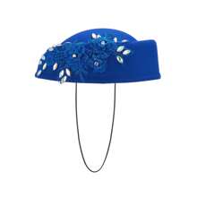 Women Vintage Church Hats Diamond Flower Applique Felt Pillbox Hats Fascinator Tea Party Hats - Blue - View 3