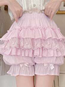 Pantalones cortos bombachos con diseño en capas tipo pastel y borde de encaje para mujer, cintura elástica con lazo, corte holado antideslizante, ideal para uso diario y estilo Lolita en primavera y verano - Rosa - Ver 6