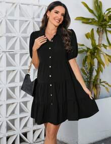 GoyRrbay Maternity Dress Women's Casual Puff Short Sleeve Collar V Neck Button Down Tiered Pleated Mini Shirt Dress - 黑色 - 查看 3
