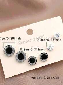 6pcs/Set Stainless Steel Small Round Earrings Embedded With Roman Numerals & Rhinestone, Suitable For Daily Wear