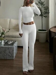 Women's Solid Color Casual Minimalist Long Sleeve Top And Long Pant 2 Pieces Suit, Versatile Daily Wear - trắng - Xem 4