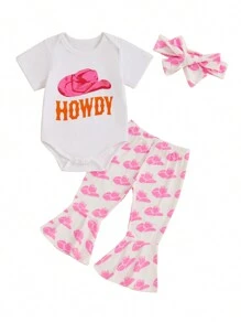 Baby Girls Letter Print Romper  Cow Print Flared Pants Set - 3PC Outfit With Headband For Infants - White - View 1