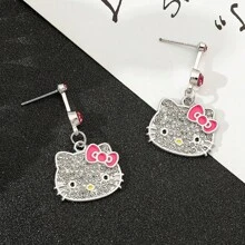 Sanrio 1 Pair Of Exquisite And Beautiful Earrings, Sanrio Earrings, Cute KT Cat, Alloy Material, With Red Bow And Diamond Pattern On It, Fashionable And Cute, Suitable For Various Occasions (Party, Festival, Leisure, Outdoor Decoration) Diy Earrings, Can Be Given As Holiday Gifts, (Christmas, Valentine's Day),Mom,Mother,Mother's Day,Gift