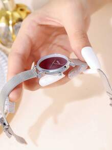 1pc Women's Stainless Steel Mesh Band Minimalist Numeric Dial Burgundy & Purple Kezzi Round Quartz Watch, Petite & Elegant For Daily Wear - Burgundy - View 2