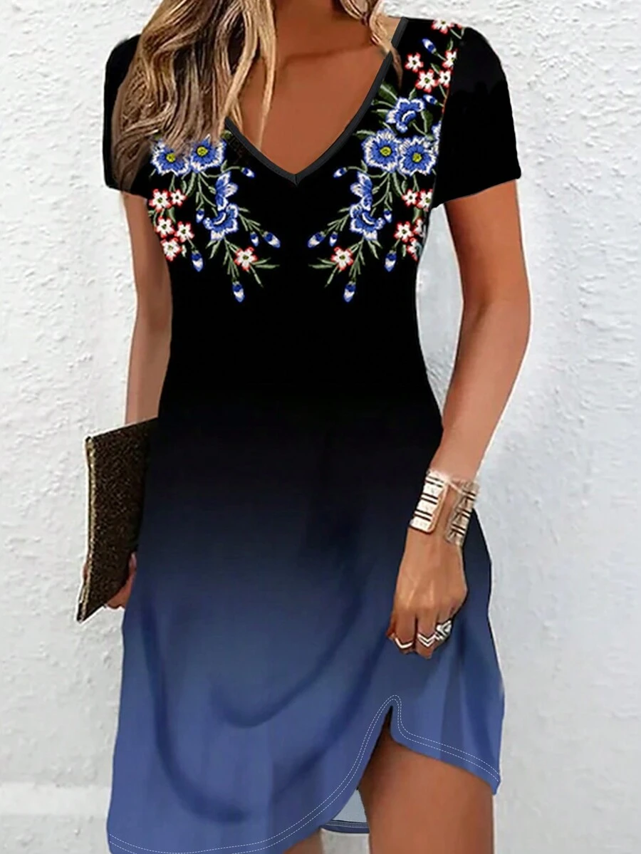 Women's Summer V-Neck Fashion Floral Print Casual Short Sleeve Dress - Black - View 1