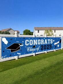 1件装蓝色涤纶毕业主题悬挂横幅，祝贺2025届毕业生，庭院横幅，带有毕业帽图案，毕业季家居花园校园装饰，2025毕业派对装饰，毕业悬挂饰品，毕业日背景横幅，派对礼品 - 藍色畢業季 - 查看 2