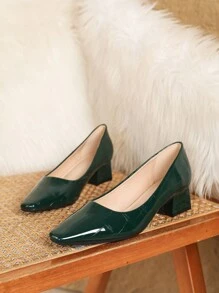Stylish Simple Square Toe Thick Heel PU Leather Women High Heels Shoes