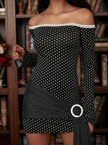 Spring-Summer Dot Tie-Up Off Shoulder Ruffle Trim Dress For Party Festival,Holiday Vacation,Spring Break Outfits,Ladies' Gothic Sexy Halloween Clothing - Black and White - View 1