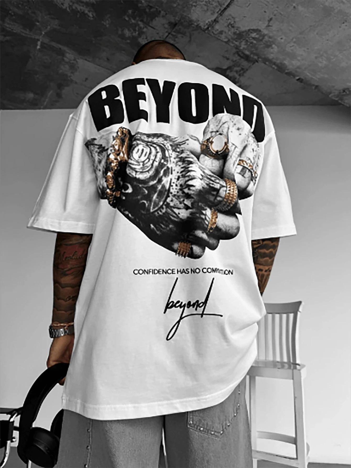 Men's Drop Shoulder Short Sleeve Street Style T-Shirt, Casual Everyday Wear - White - View 1