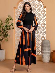 Women's Contrast Patchwork Tunic Waist Elegant Long Sleeve Robe Abaya Modest Kafftan Jalabiya Arabian Dresses - Black - View 5