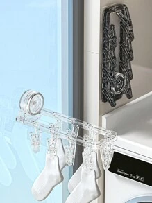 Non Drilling Multifunctional High-Strength Telescopic Suction Cup Wall Mounted Drying Rack, Household Storage Shelf, Drying Rack, Bathroom Rack, Sock Rack, Underwear Rack, Towel Rack, Free Extension Saves Space, With 4 Rows Of Hanging Rods And 20 Hooks, Suitable For Drying Socks, Underwear, Towels, Shoes, Hats, Pillows ﻿ - Transparent - View 6