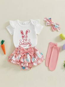 Baby Girl Easter Outfit Rabbit Print Short Sleeve Romper Layered Ruffle Shorts Bow Headband Socks Set - White - View 3