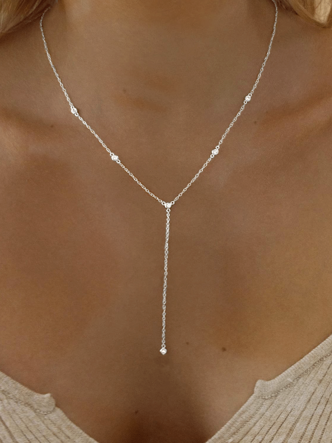 Colar Lariat para mulheres, delicados colares longos de ouro em camadas, barra de contas banhada a ouro 14k, colar de gota CZ, gargantilha Y de ouro simples para mulheres, joias de ouro da moda, presentes para mulheres