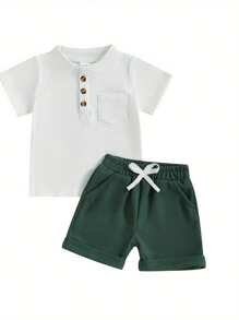 Baby Boy Summer Clothes Button Short Sleeve T-Shirt Shorts Set Toddler Soft Solid Color Outfit - White - View 1