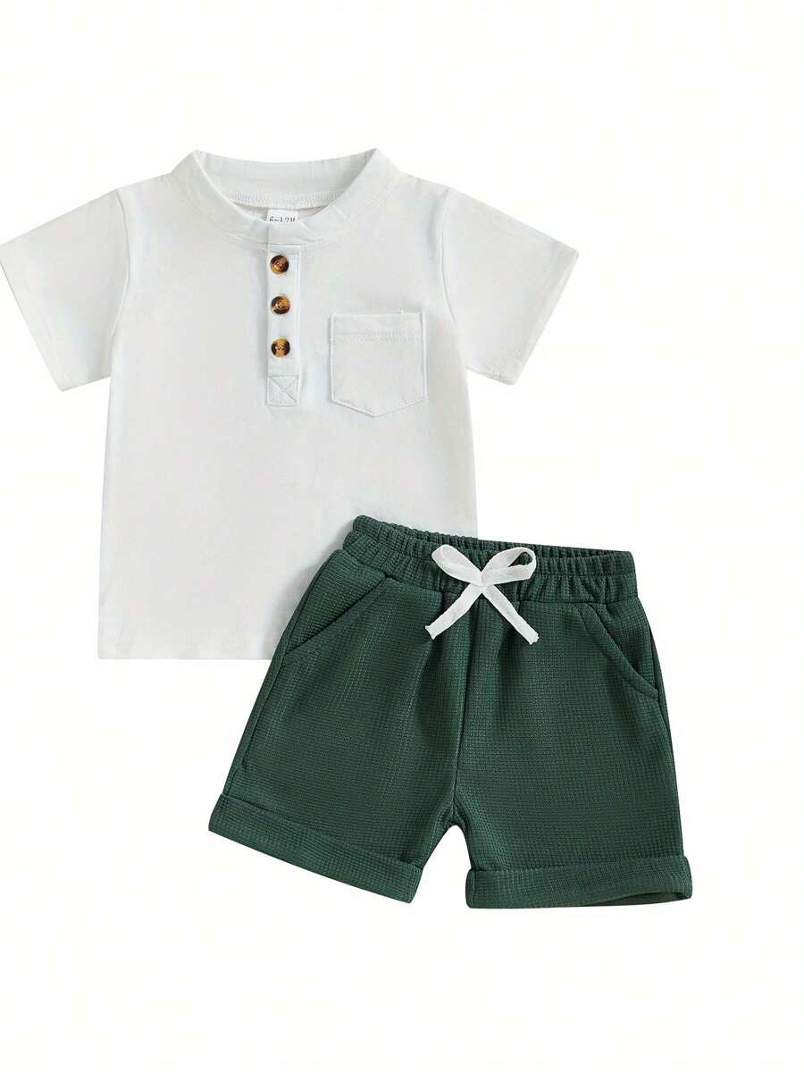 Baby Boy Summer Clothes Button Short Sleeve T-Shirt Shorts Set Toddler Soft Solid Color Outfit - White - View 1
