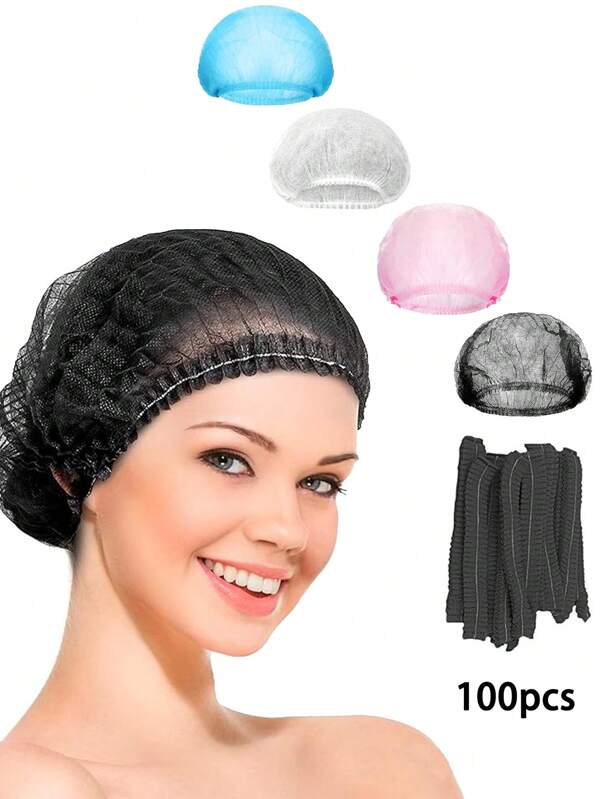 100 peças de toucas descartáveis não tecidas, rede de cabelo para salão de beleza, spa, catering e ambiente de trabalho sem poeira