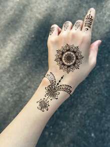 1 件黑色指甲花蕾丝边曼陀罗花图案临时防水纹身贴纸，适用于手部、背部、身体装饰、日常佩戴和礼物