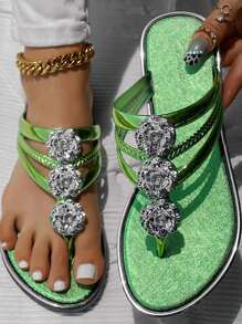 女士绿色金属色凉鞋，水晶花卉装饰轻便夏季沙滩拖鞋，假日休闲人字拖 - 綠色 - 查看 3